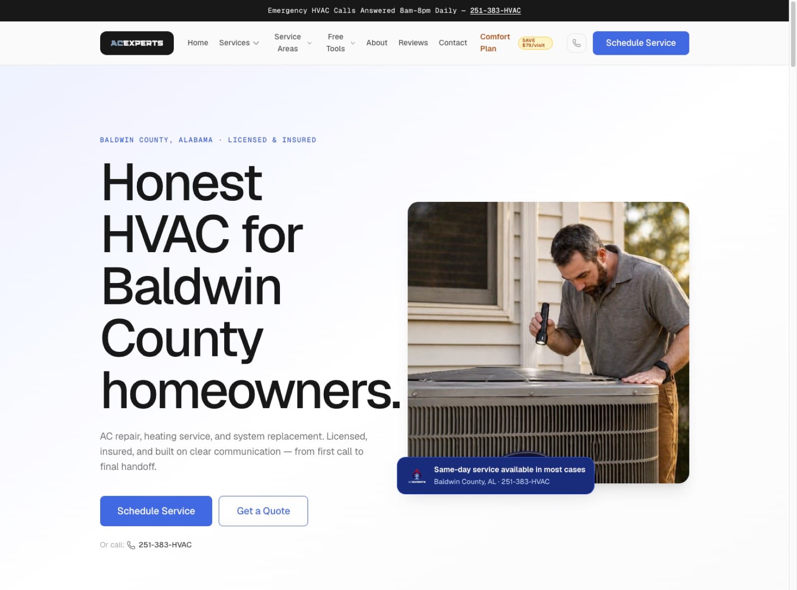 ACExperts HVAC homepage, shown in a browser frame at acexperts251.com